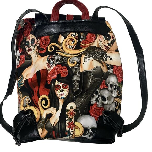 Handmade Handbags - Backpack OOAK Bag Biker Purse Faux Leather Rucksack Skull Day Of The Dead Goth